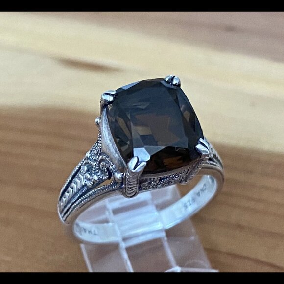 Vintage Sterling Silver Cushion Cut Smoky Quartz Ring 8 - Picture 5 of 8